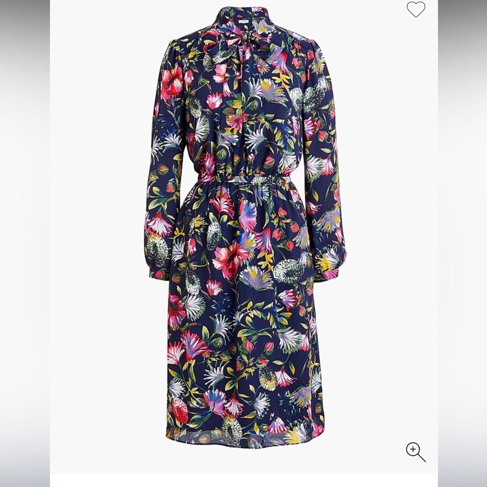 J.crew factory Long-sleeve tie-neck dress navy blue hot pink floral size XS